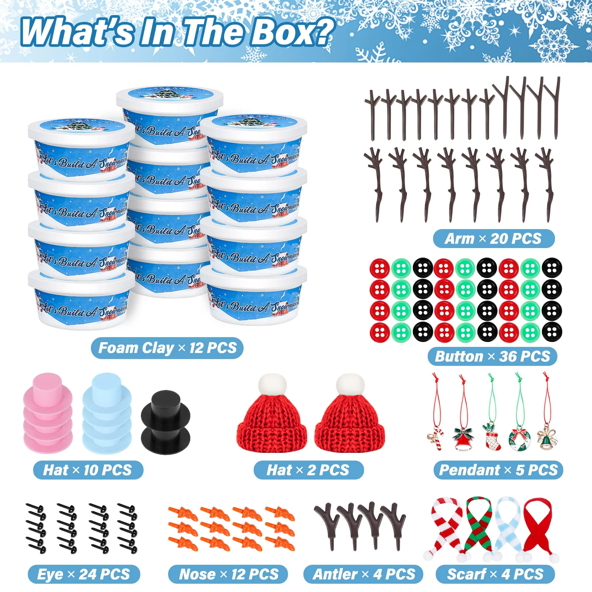 12 Pack Christmas Craft, DIY Snowman Kit for Kids, Build a Snowman Kit Indoor Decorations, Creative Kids Air Dry Modeling Clay, Xmas Activities Snowman Making Kit Gifts Toys for Holiday Favor Supplies