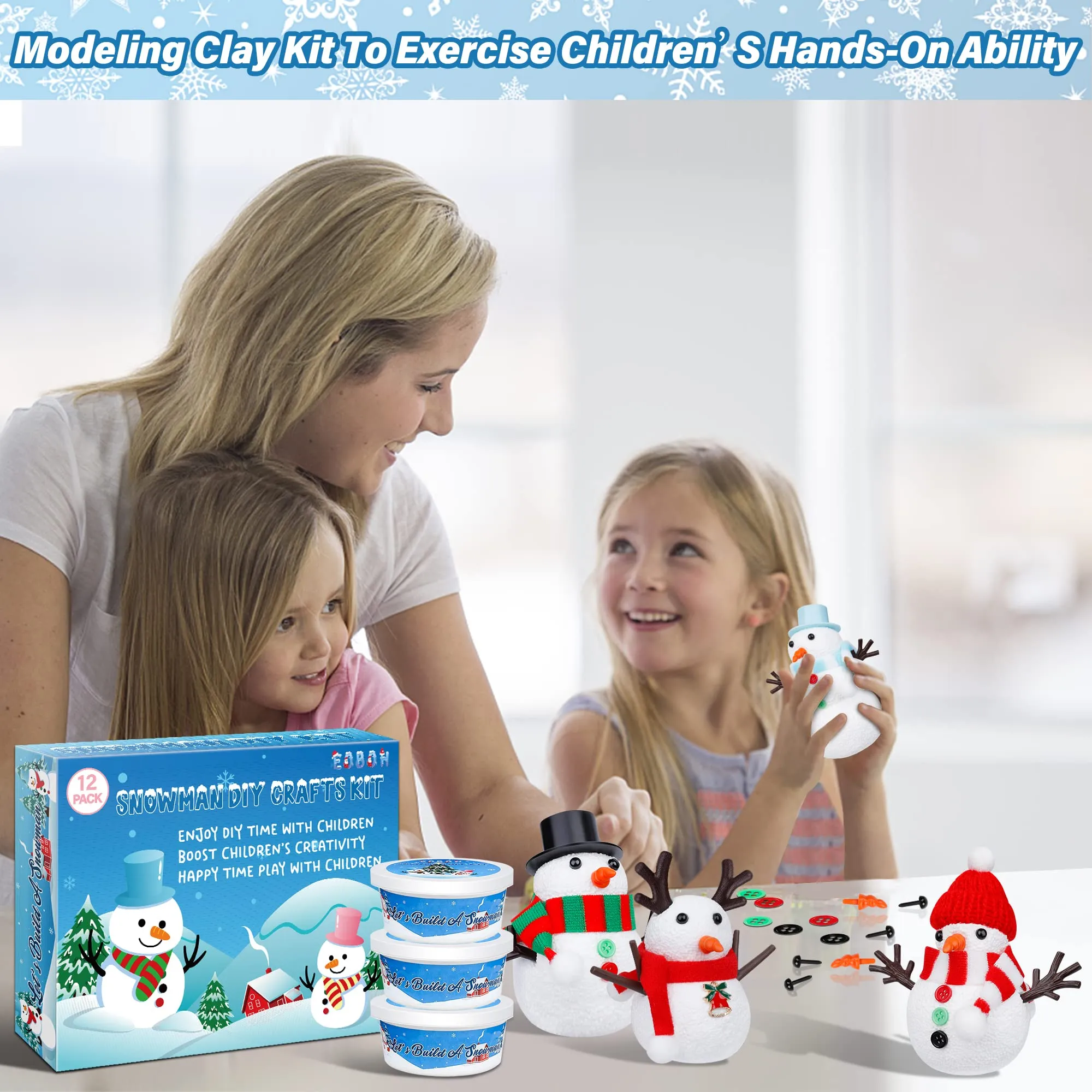 12 Pack Christmas Craft, DIY Snowman Kit for Kids, Build a Snowman Kit Indoor Decorations, Creative Kids Air Dry Modeling Clay, Xmas Activities Snowman Making Kit Gifts Toys for Holiday Favor Supplies