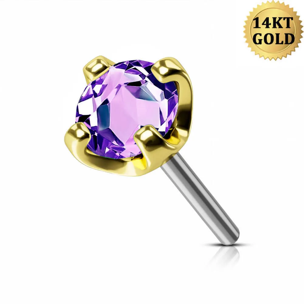 14K Solid Gold Colorful CZ Threadless Push Pin Conch Helix Labret Nose Stud