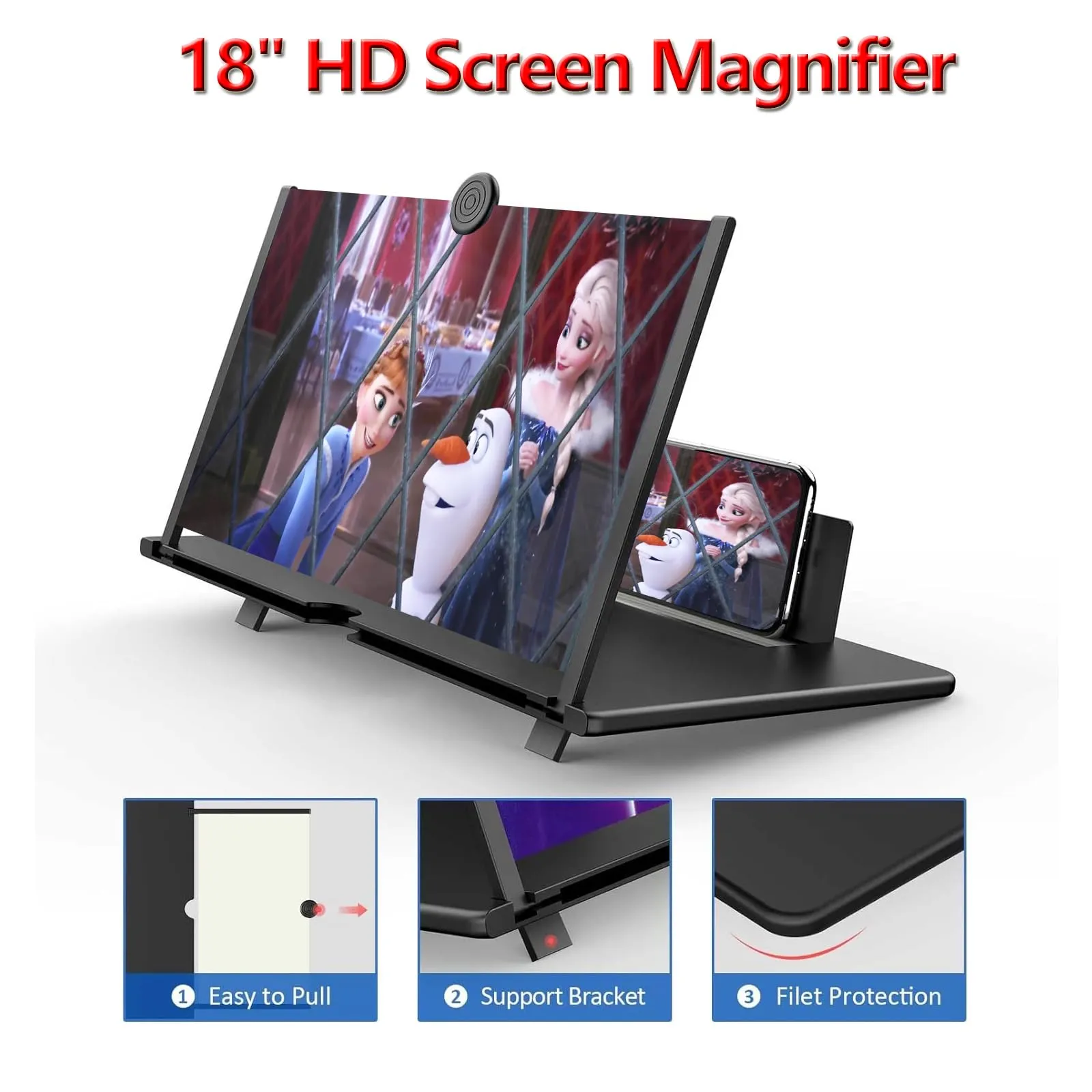 18" Screen Magnifier for Mobile Phone -3D HD Cell Phone Magnifying Projector Screen Enlarger for Movies, Videos, and Gaming-Foldable Phone Stand with Screen Amplifier-Supports All Smartphones