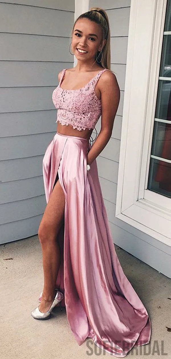 2 Pieces Pink Lace Satin Side Slit Long Prom Dresses, PD0840