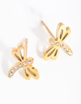 24 Carat Gold Plated Titanium Dragonfly Stud Earrings