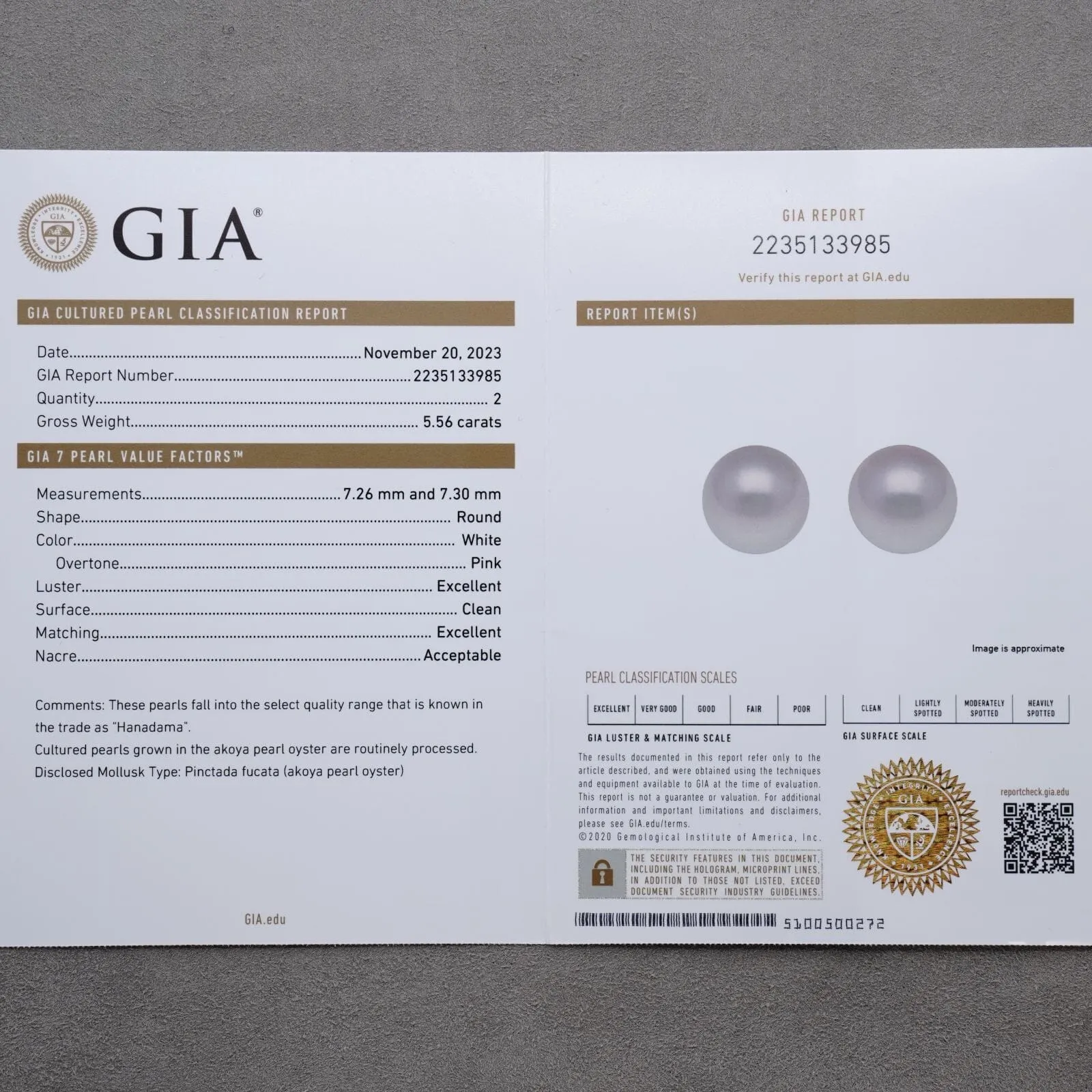 7.26 and 7.30 mm GIA Certified Hanadama Akoya Pearl Stud Earrings