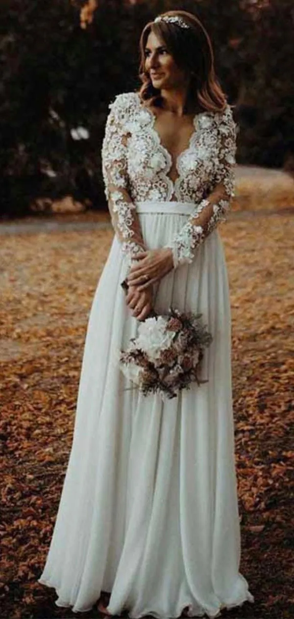 A-line Long Sleeves Lace Appliques Popular Dream Vintage Beach Long Wedding Dresses WD273