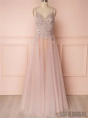 A-line Long Tulle Backless Pink Appliques Beading Prom Dress, PD0014