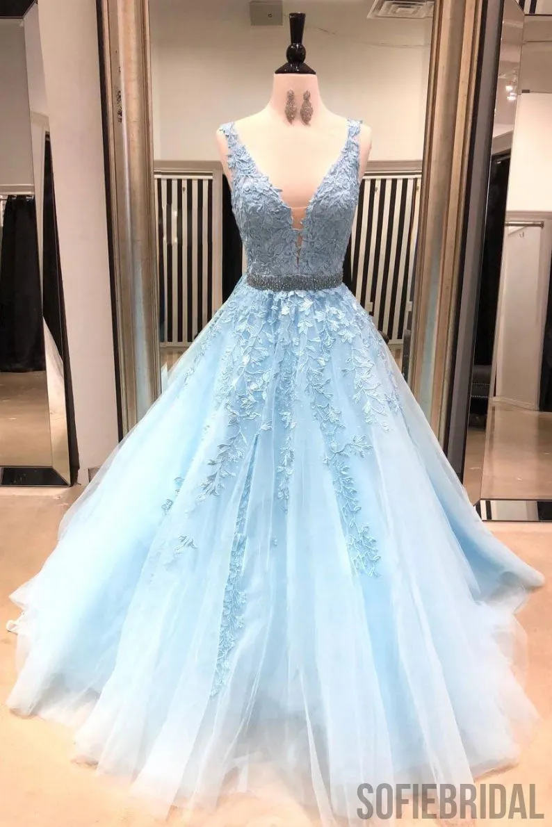 A-line V-neck Blue Appliques Long Tulle Prom Dresses, PD0987