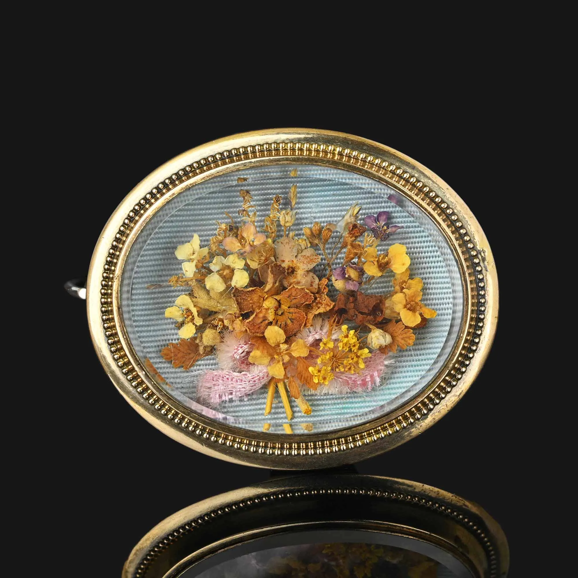 Antique 14K Gold Shadow Box Dried Flower Brooch