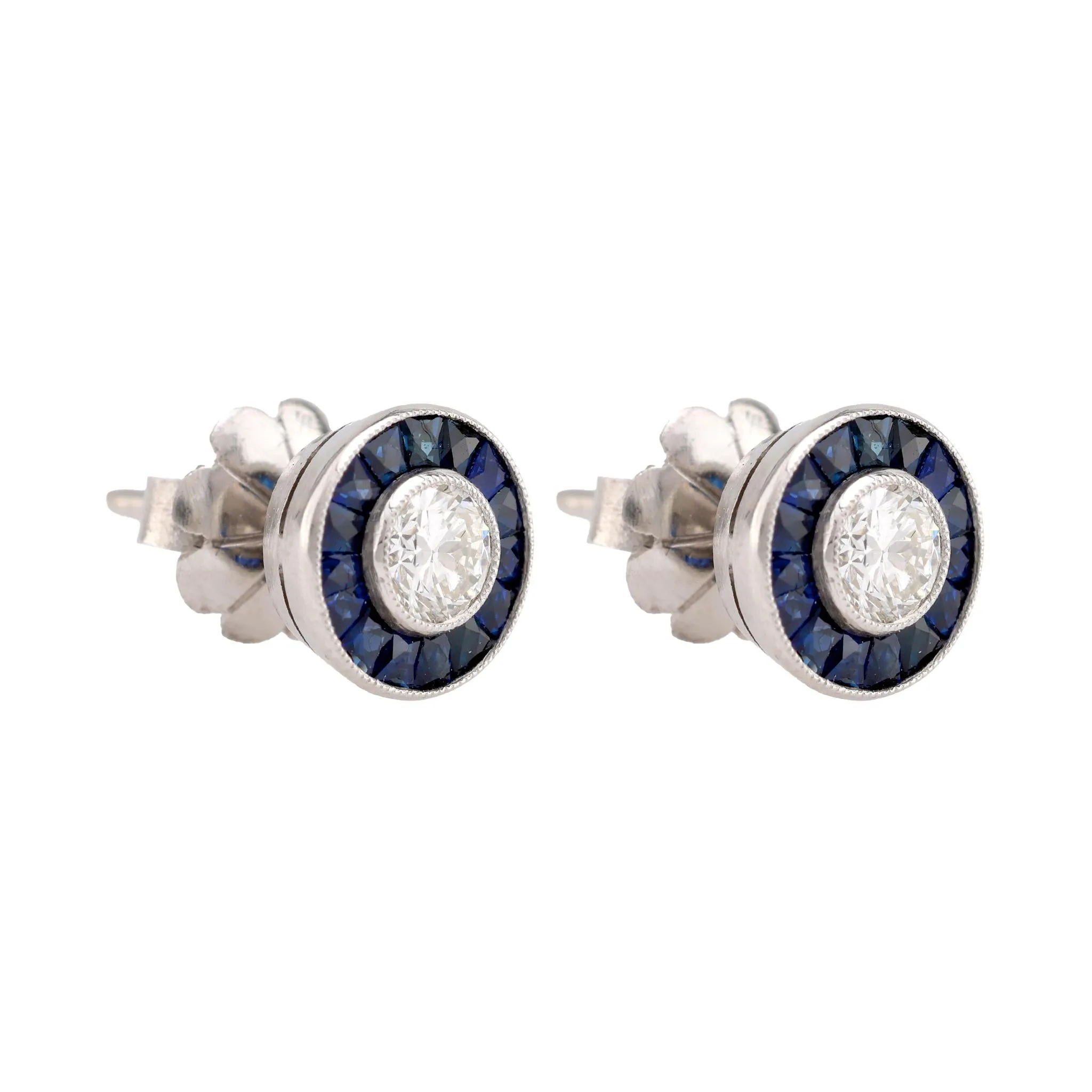 Art Deco Inspired Diamond Sapphire Platinum Target Studs