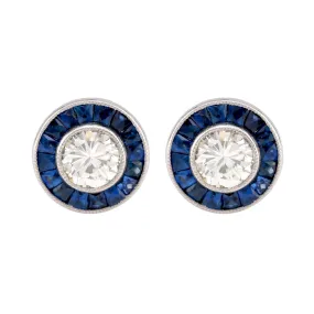 Art Deco Inspired Diamond Sapphire Platinum Target Studs