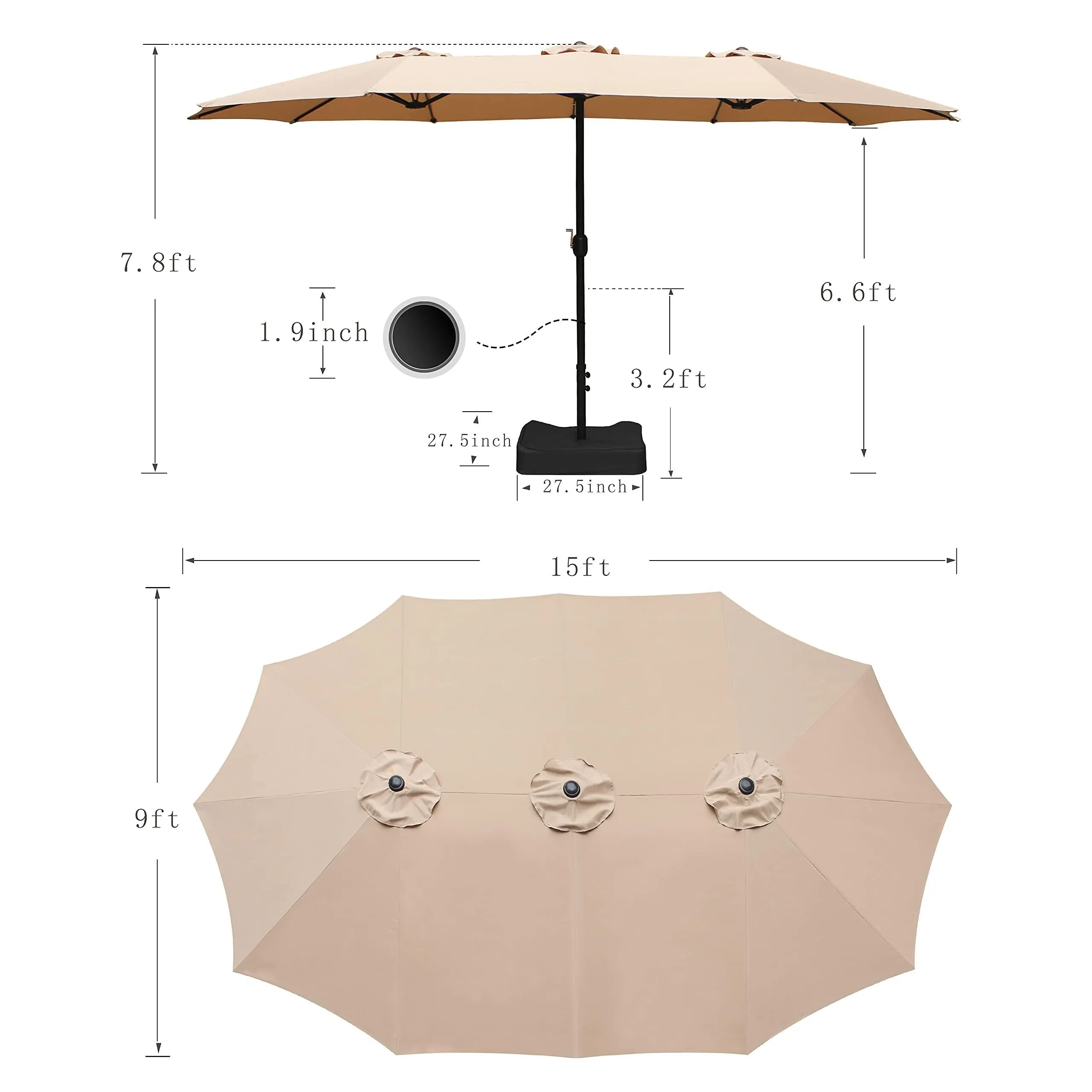 Bigroof 15ft Double-Sided Patio Umbrella Twin Extra Large Umbrella with Crank Handle & Umbrella Base