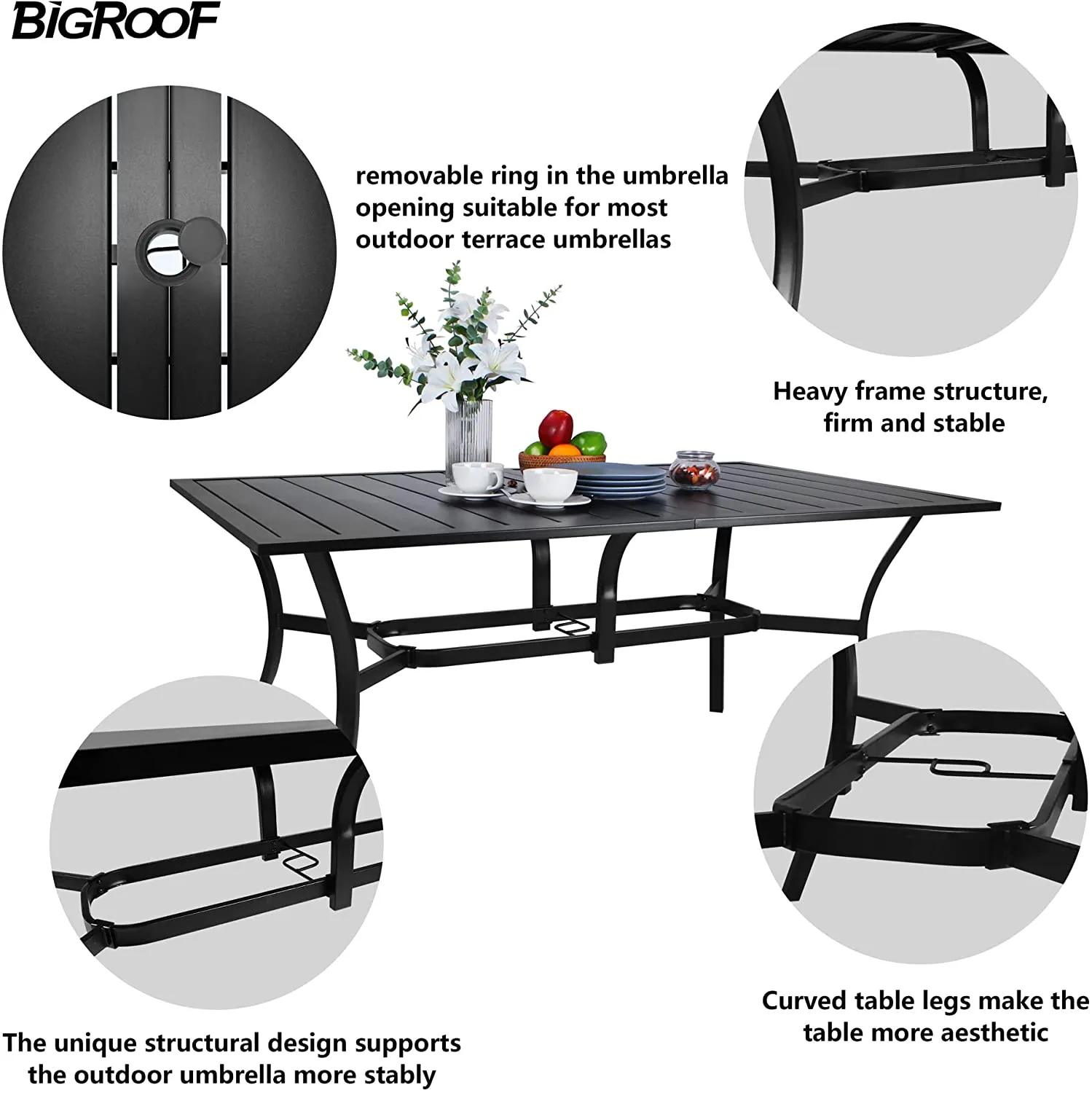 Bigroof 7 Piece Metal Outdoor Patio Dining Sets for 6, Swivel Textilene Fabric Chairs and 63" Classic Rectangle Table with Umbrella Hole