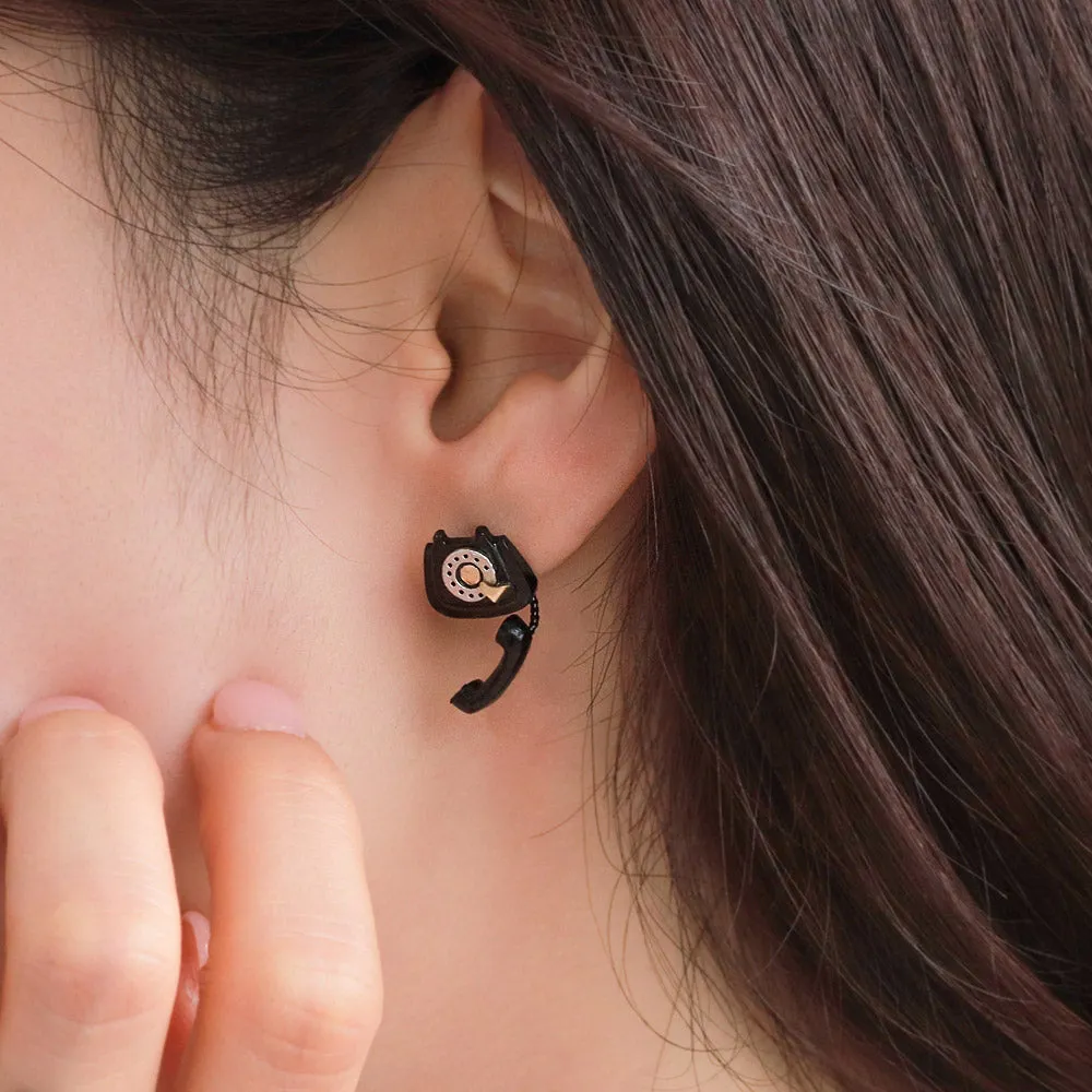 Black Rotary Phone Asymmetrical Earrings