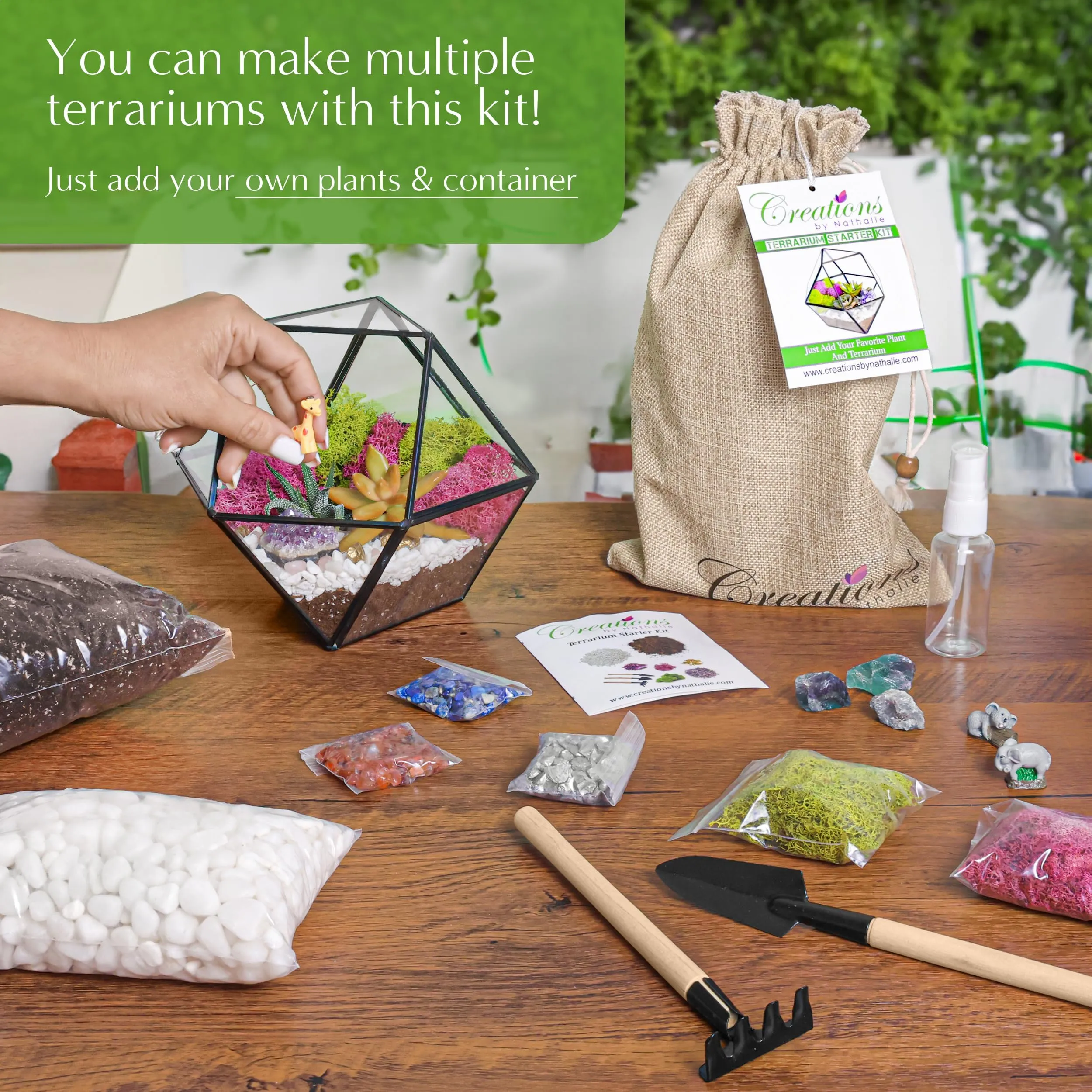 Creations by Nathalie DIY Terrarium Starter Kit - Includes Soil, Moss, Pebbles, Healing Crystal, Tools, Terrarium Supplies, DIY Terrarium Kit for Adults & Kids - Handcrafted in USA