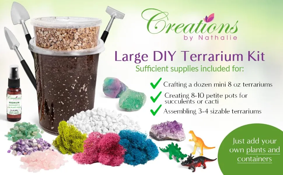 Creations by Nathalie DIY Terrarium Starter Kit - Includes Soil, Moss, Pebbles, Healing Crystal, Tools, Terrarium Supplies, DIY Terrarium Kit for Adults & Kids - Handcrafted in USA