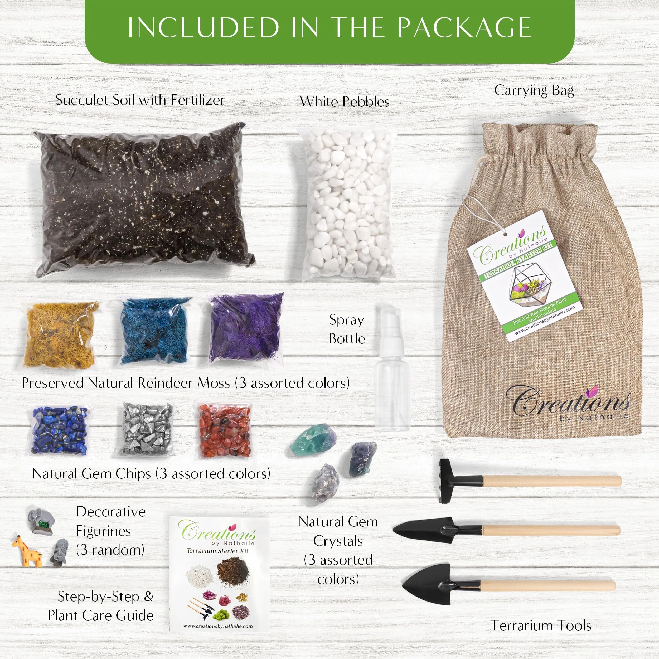 Creations by Nathalie DIY Terrarium Starter Kit - Includes Soil, Moss, Pebbles, Healing Crystal, Tools, Terrarium Supplies, DIY Terrarium Kit for Adults & Kids - Handcrafted in USA