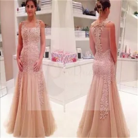 Dusty Pink Lace Mermaid Prom Dresses, Cheap Popular Long Tulle Prom Dresses