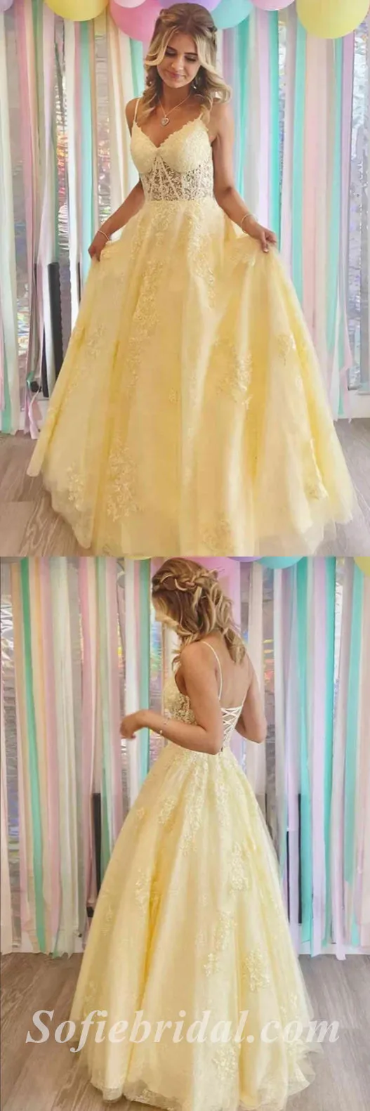 Elegant Yellow Lace And Tulle Spaghetti Straps V-Neck Lace Up Back A-Line Long Prom Dresses,SFPD0473