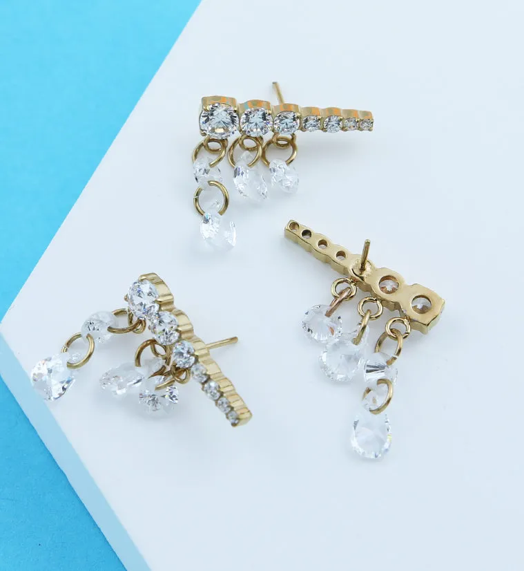 Gold PVD Long Descending Clear CZ Dangle Charms Titanium Threadless Top