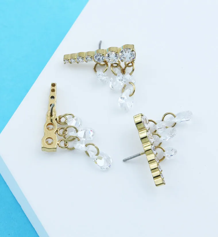 Gold PVD Long Descending Clear CZ Dangle Charms Titanium Threadless Top