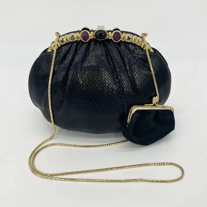 Judith Leiber Black Lizard Purple & Black Gemstone Top Clutch