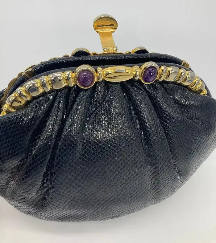 Judith Leiber Black Lizard Purple & Black Gemstone Top Clutch