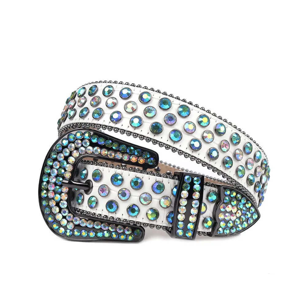 Rhinestone White Strap With Blue & Multi Color Studded Belt