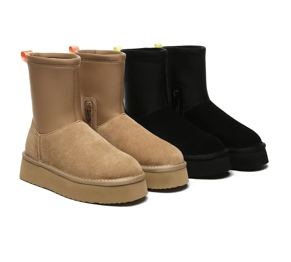 UGG EVERAU® UGG Boots Women Sheepskin Wool Zipper Decor Stretchy Mid Calf Platform Ethel