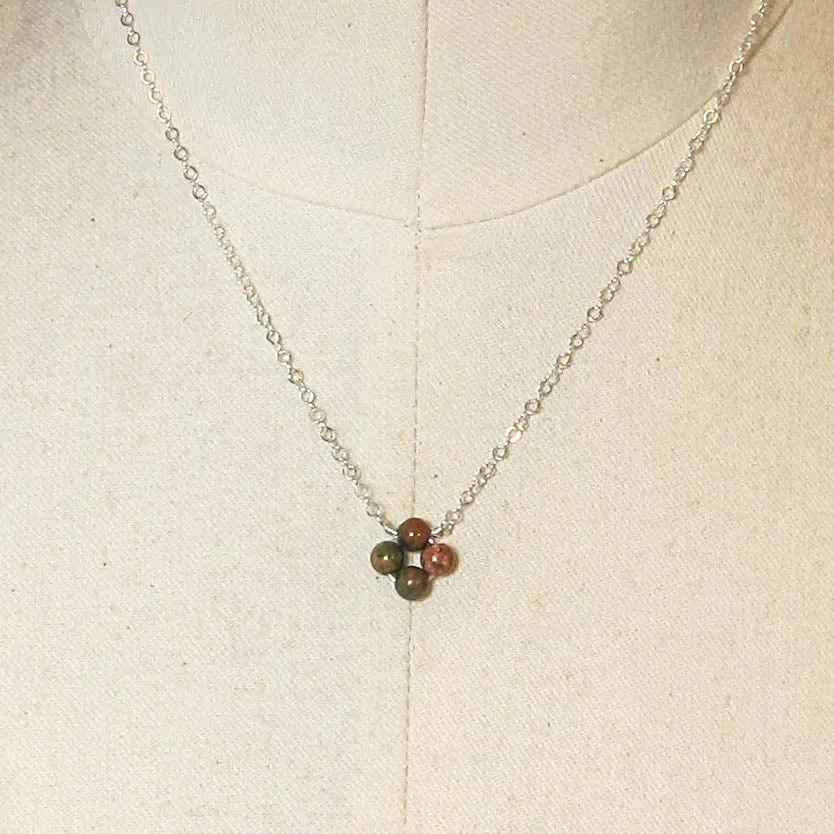 Unakite Tiny, 4-Leaf Clover Gemstone Necklace